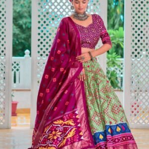 Light Green Tussar Silk Lehenga Choli with Maroon Blouse | Minakari & Foil Print | Wedding & Festive Wear