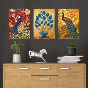 Set of Three Wall Paintings for Wall Dacoration Golden Framed Wall Paintings for Living Room & Bedroom Wall Art for Home Decoration & Office Wall Décor (18x12 inch CH-GD3-4)