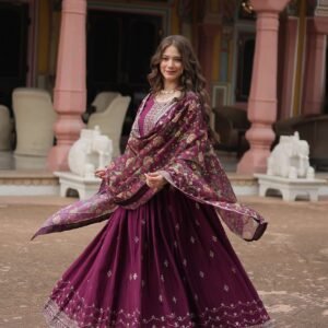 Wine Designer Chinon Sequins Embroidered Gown with Kalamkari Silk Dupatta