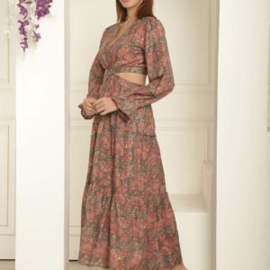 Women's Silk Printed V-Neck Long Bell Sleeves Tiered Maxi Dress Gown (Brown)